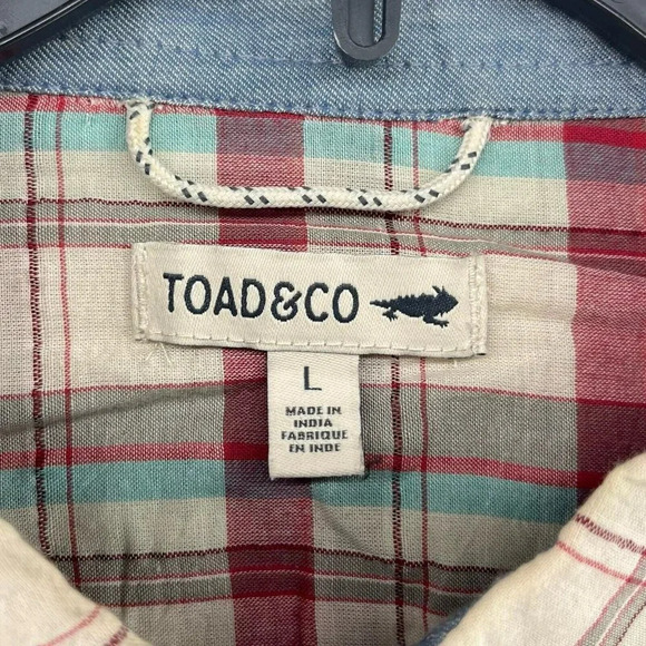 Toad & Co Button-Up Shirt Men's Sz L Red Beige Plaid Collared Chest Pocket - Picture 11 of 12